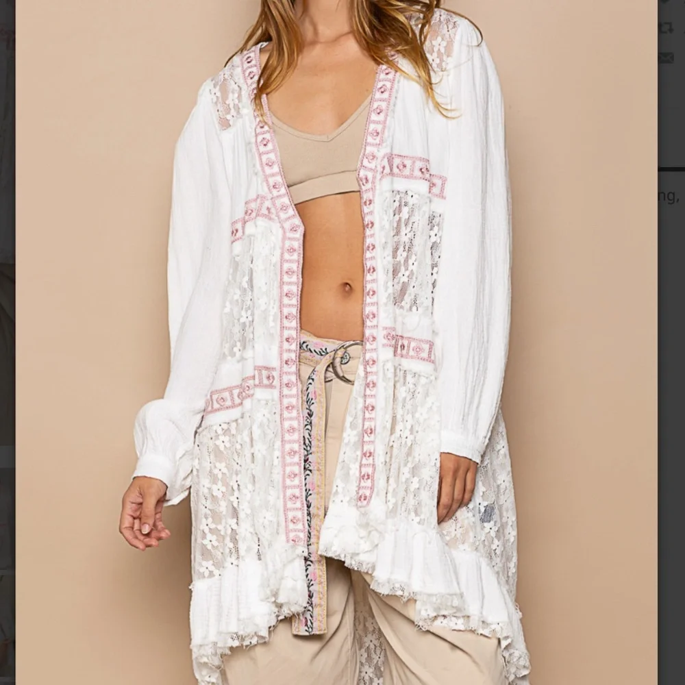 POL Lace Cardigan Women’s Cover Up Open Shirt Lace and Ruffle Contrast Boho #S25 - Picture 1 of 12